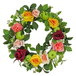 New National Tree Company 22 in. Spring Wreath with Rose and Peony Blooms, Apples, Leafy Greens