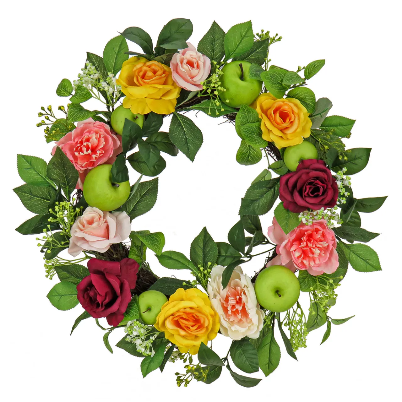 New National Tree Company 22 in. Spring Wreath with Rose and Peony Blooms, Apples, Leafy Greens