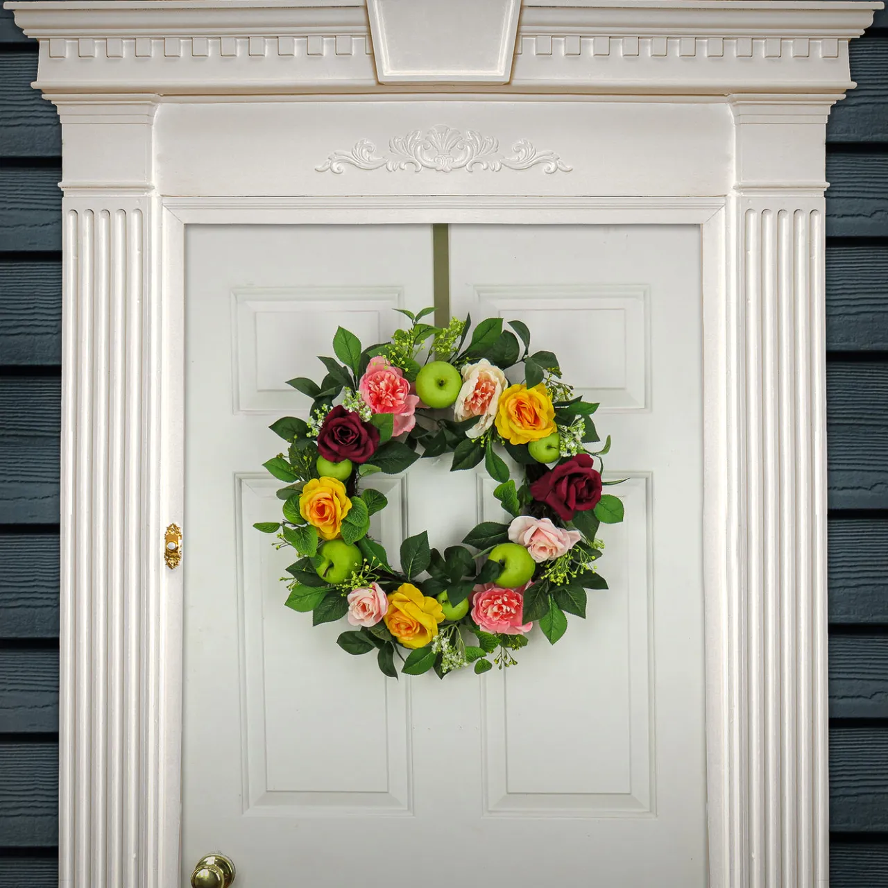 New National Tree Company 22 in. Spring Wreath with Rose and Peony Blooms, Apples, Leafy Greens
