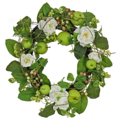 New National Tree Company 24 in. Spring Wreath with Rose Blooms, Apples, Leafy Greens