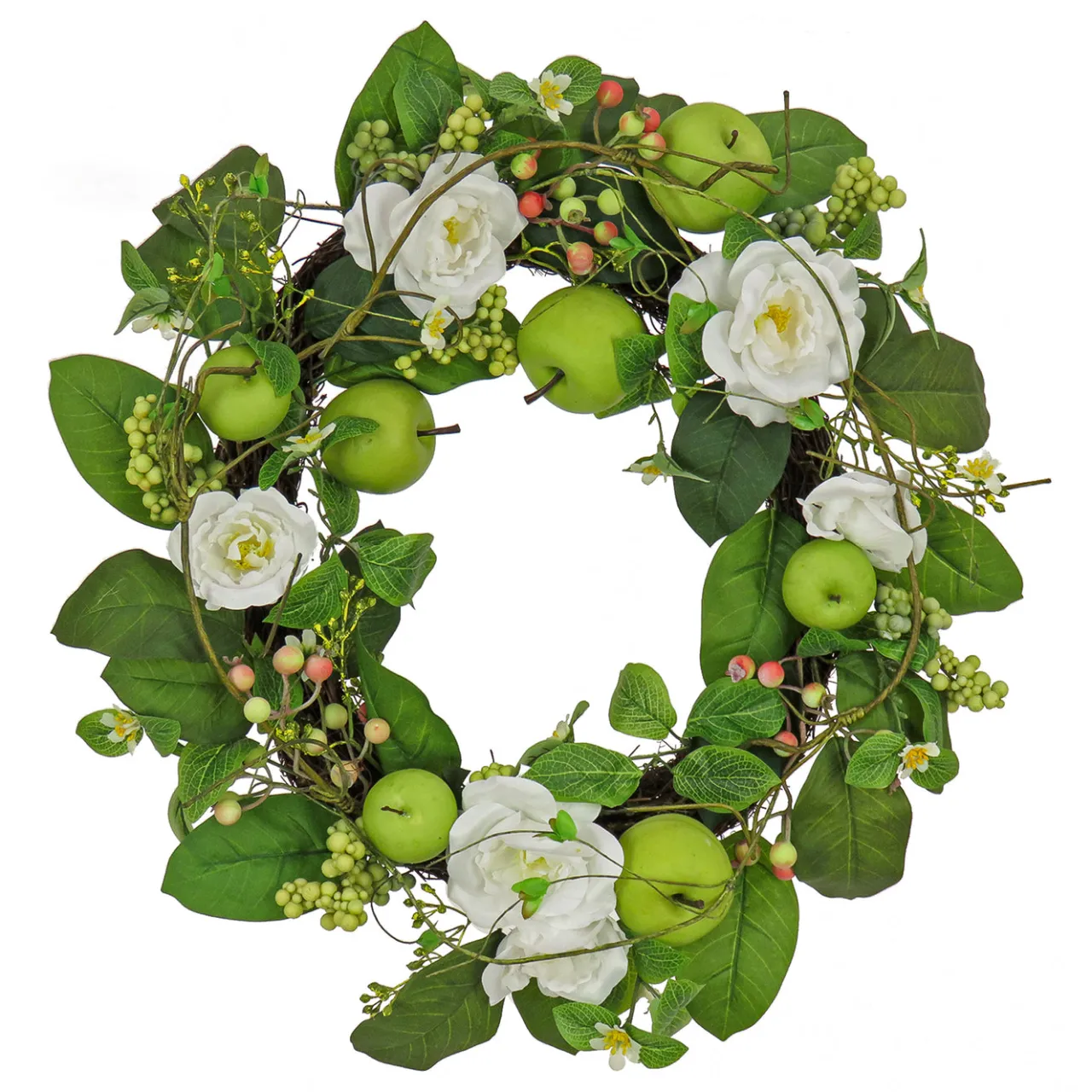 New National Tree Company 24 in. Spring Wreath with Rose Blooms, Apples, Leafy Greens