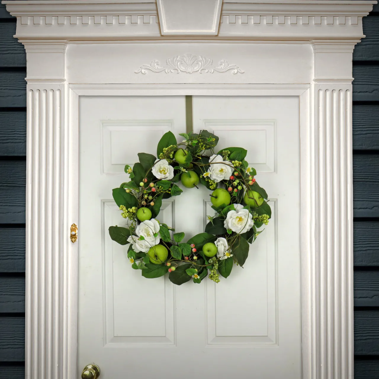 New National Tree Company 24 in. Spring Wreath with Rose Blooms, Apples, Leafy Greens