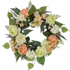 Hot National Tree Company 24 in. Spring Wreath with Rose and Peony Flower Blooms, Leafy Greens