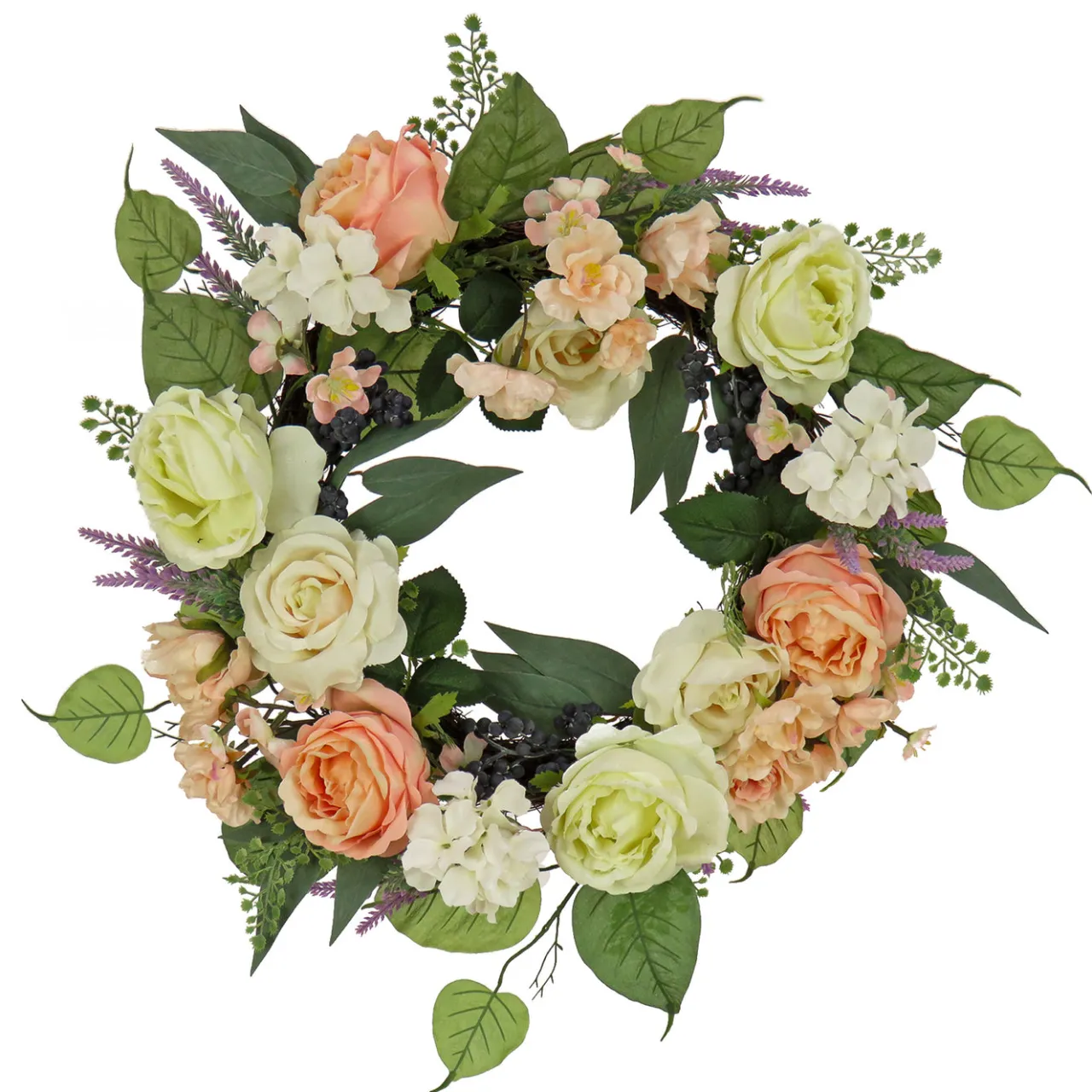 Hot National Tree Company 24 in. Spring Wreath with Rose and Peony Flower Blooms, Leafy Greens
