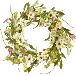 Hot National Tree Company 20 in. Spring Wreath with White and Purple Mixed Flower Blooms, Flowing Green Stems, Seed Pods