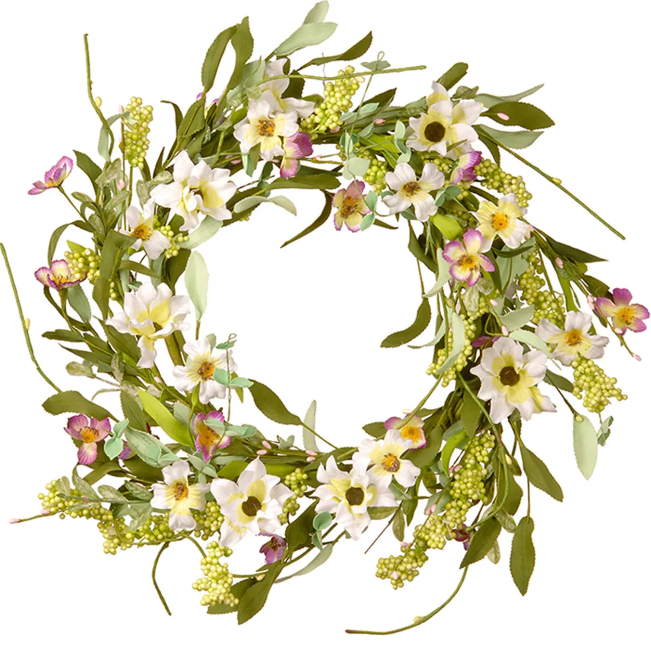 Hot National Tree Company 20 in. Spring Wreath with White and Purple Mixed Flower Blooms, Flowing Green Stems, Seed Pods