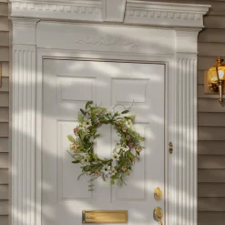 Hot National Tree Company 20 in. Spring Wreath with White and Purple Mixed Flower Blooms, Flowing Green Stems, Seed Pods