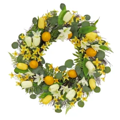Sale National Tree Company 22 in. Spring Wreath with Yellow Tulip Blooms, Lemons, and Forsythia Flower Blossoms