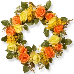 Best National Tree Company 20 in. Spring Wreath with Yellow and Orange Rose Blooms, Seed Pods, Berry Clusters, Leafy Greens