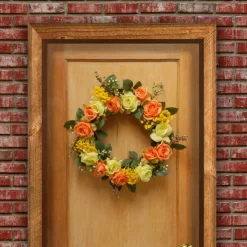 Best National Tree Company 20 in. Spring Wreath with Yellow and Orange Rose Blooms, Seed Pods, Berry Clusters, Leafy Greens