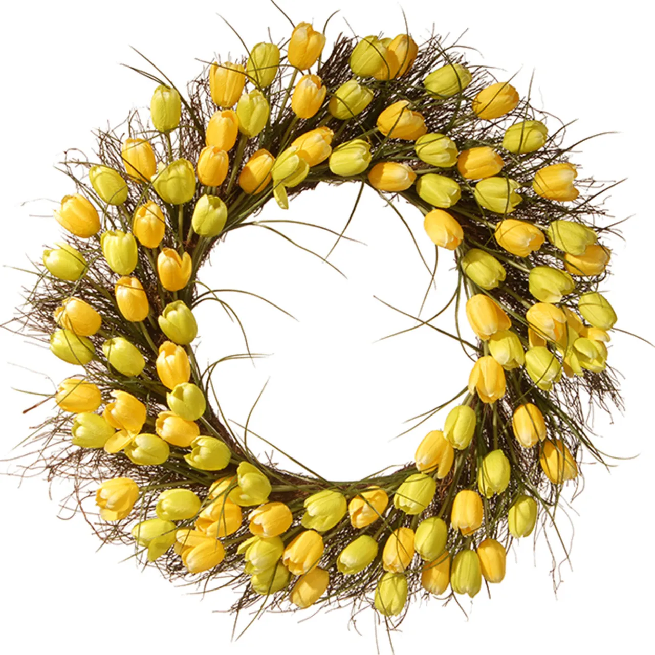 Clearance National Tree Company 32 in. Spring Wreath with Yellow Tulip Blooms, Flowing Green Stems