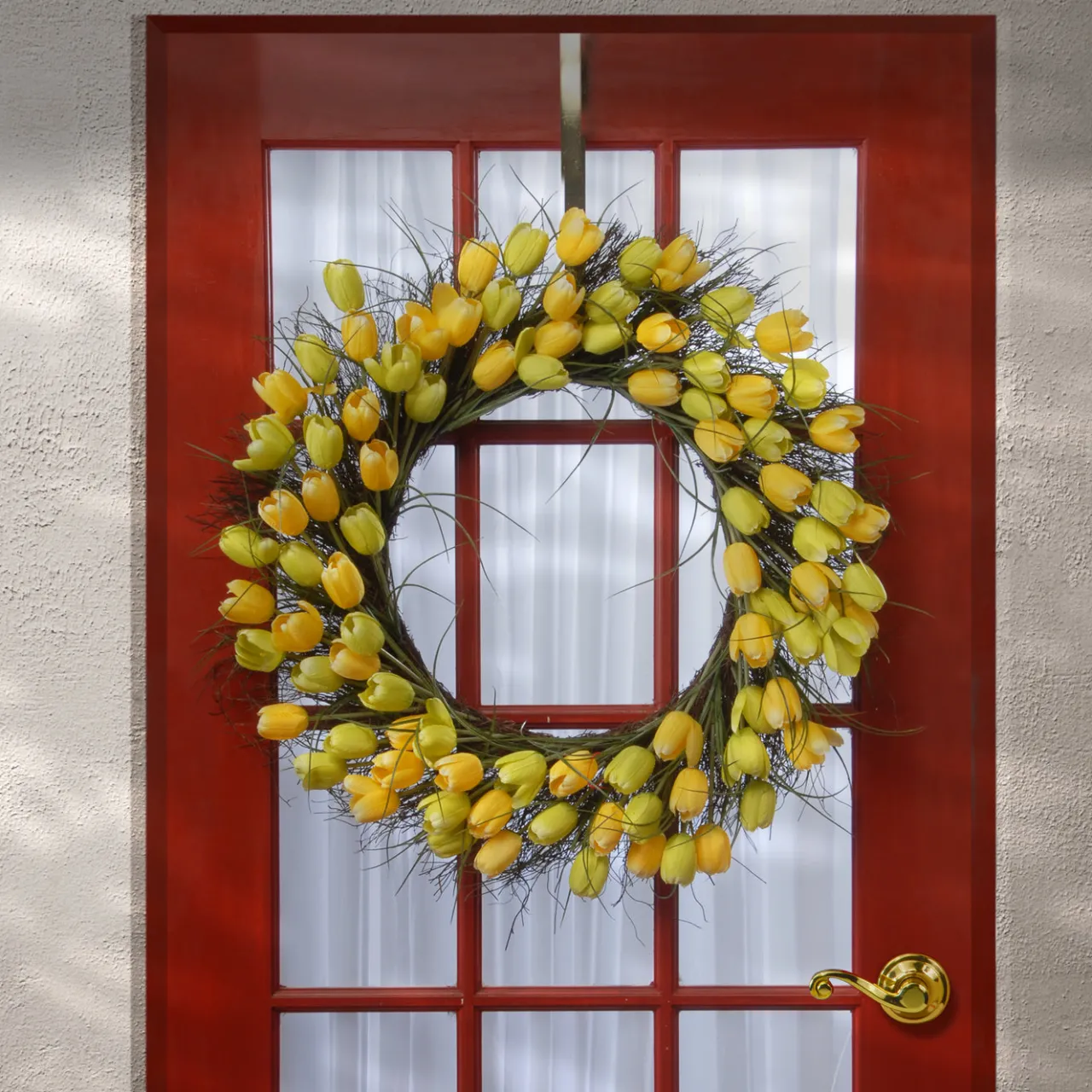 Clearance National Tree Company 32 in. Spring Wreath with Yellow Tulip Blooms, Flowing Green Stems