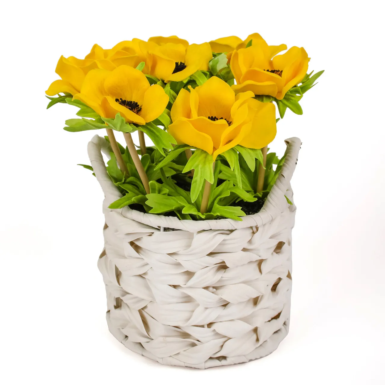 Best National Tree Company 10 in. Spring Yellow Anemone Flower Bouquet in White Basket