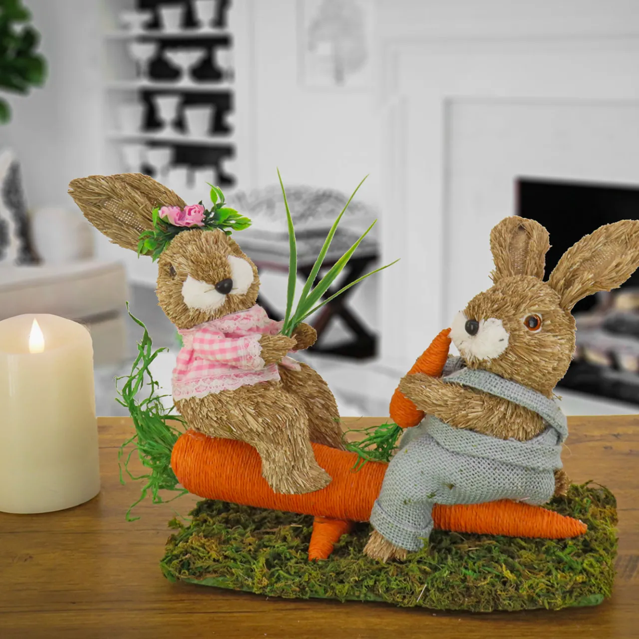 Discount National Tree Company 14 in. Two Bunnies on Carrot Seesaw Table Decoration