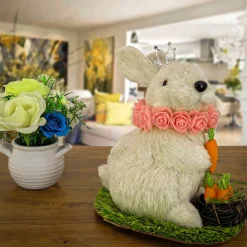Outlet National Tree Company 12 in. White Easter Bunny with Crown Holding Carrot Table Decoration