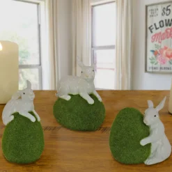 Online National Tree Company 7 in. White Easter Rabbit Figures on Green Moss Covered Eggs, Set of 3