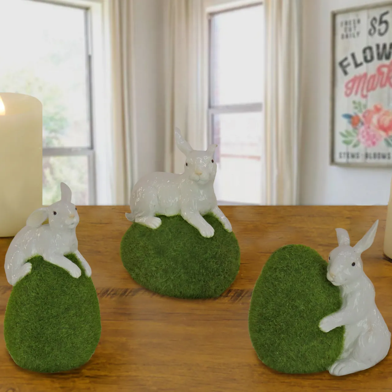 Online National Tree Company 7 in. White Easter Rabbit Figures on Green Moss Covered Eggs, Set of 3