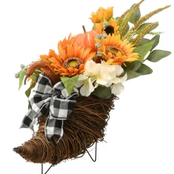 Online National Tree Company 20 in. Wicker Cornucopia Basket Decoration with Pumpkins, Sunflower Blooms, Assorted Leaves