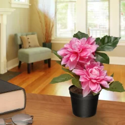 Online National Tree Company Artificial Potted Flowers, Pink Dahlias, Includes Black Pot Base, Spring Collection, 7 Inches