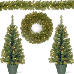 National Tree Company Evergreen Assortment with 2 Entrance Trees, 1 Wreath, 1 Garland