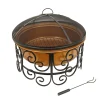 Discount National Tree Company 30in. Copper Finish Steel Outdoor Fire Pit with Ornate Black Stand, Screen Cover, Fire Poker
