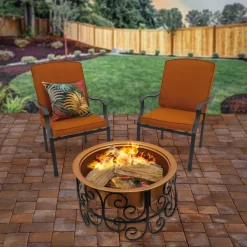 Discount National Tree Company 30in. Copper Finish Steel Outdoor Fire Pit with Ornate Black Stand, Screen Cover, Fire Poker