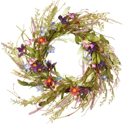 Hot National Tree Company 20in. Spring Wreath with Blue, Red and Pink Mixed Flower Blooms, Flowing Green Stems, Seed Pods