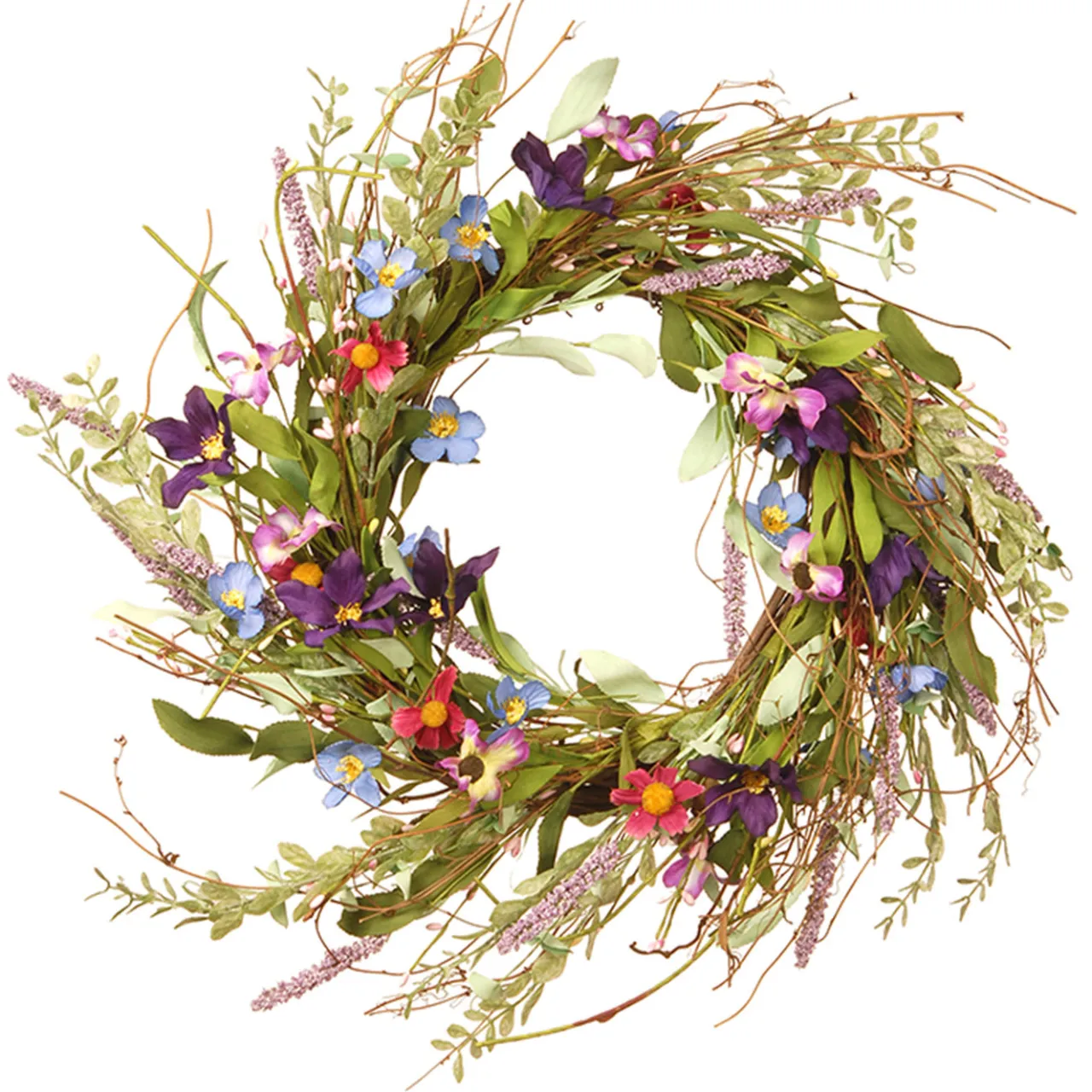 Hot National Tree Company 20in. Spring Wreath with Blue, Red and Pink Mixed Flower Blooms, Flowing Green Stems, Seed Pods