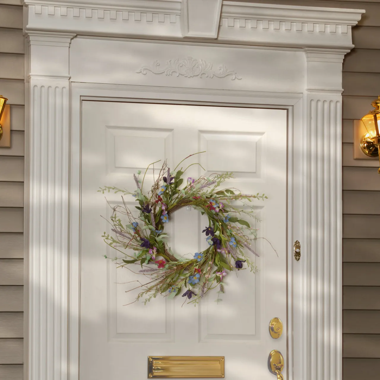 Hot National Tree Company 20in. Spring Wreath with Blue, Red and Pink Mixed Flower Blooms, Flowing Green Stems, Seed Pods