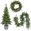 New National Tree Company Pre-Lit Buzzard Pine Assortment Set of 1 Entrance Tree, 1 Wreath, 1 Garland