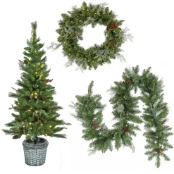 New National Tree Company Pre-Lit Buzzard Pine Assortment Set of 1 Entrance Tree, 1 Wreath, 1 Garland