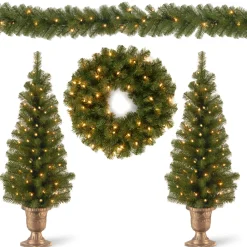 New National Tree Company Pre-Lit Evergreen Assortment Set of 2 Entrance Trees, 1 Wreath, 1 Garland