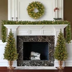 New National Tree Company Pre-Lit Evergreen Assortment Set of 2 Entrance Trees, 1 Wreath, 1 Garland