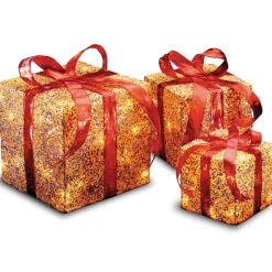 National Tree Company Pre-Lit Gold Gift Box with Red Bow, Set of Three, White Lights