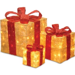 New National Tree Company Pre-Lit Gold Gift Boxes, Set of Three, 105 White Lights
