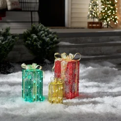 Hot National Tree Company Pre-Lit Multicolor Gift Boxes, Set of Three, White Lights