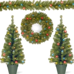 Best National Tree Company Pre-Lit Promotional Green Assortment Set of 2 Entrance Trees, 1 Wreath, 1 Garland