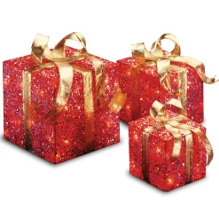 Online National Tree Company Pre-Lit Red Gift Box with Gold Bow, Set of Three, White Lights