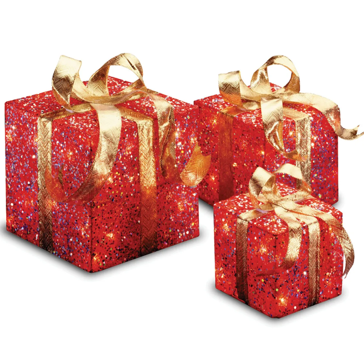 Online National Tree Company Pre-Lit Red Gift Box with Gold Bow, Set of Three, White Lights