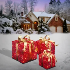 Online National Tree Company Pre-Lit Red Gift Box with Gold Bow, Set of Three, White Lights