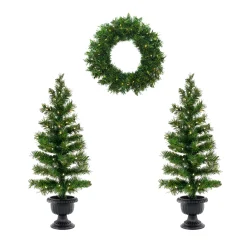 Best National Tree Company Pre-Lit Warm Welcome Assortment Set of 2 Entrance Trees, 1 Wreath