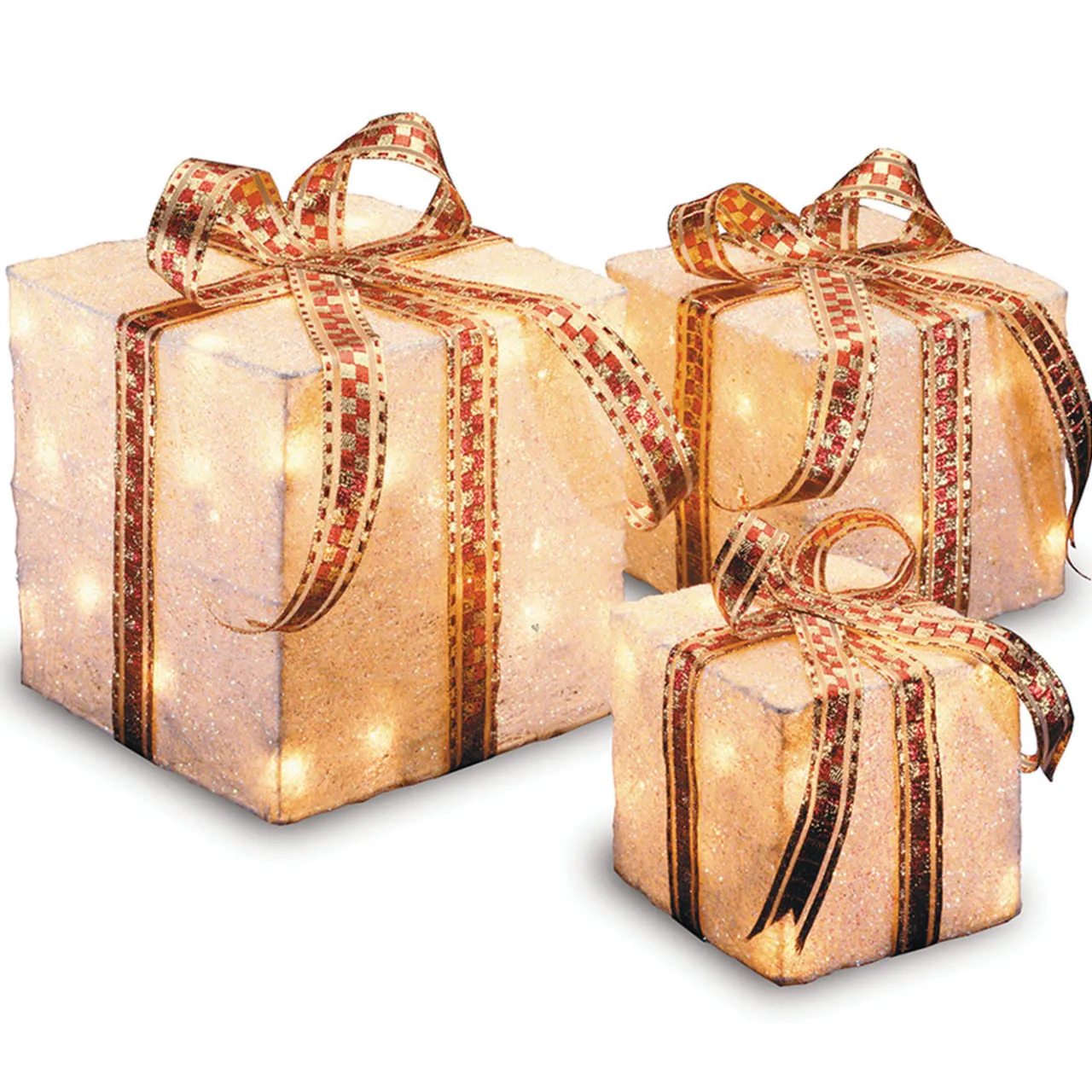 Clearance National Tree Company Pre-Lit White and Gold Gift Boxes, Set of Three, White Lights