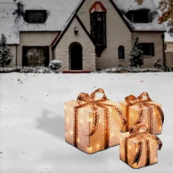 Clearance National Tree Company Pre-Lit White and Gold Gift Boxes, Set of Three, White Lights