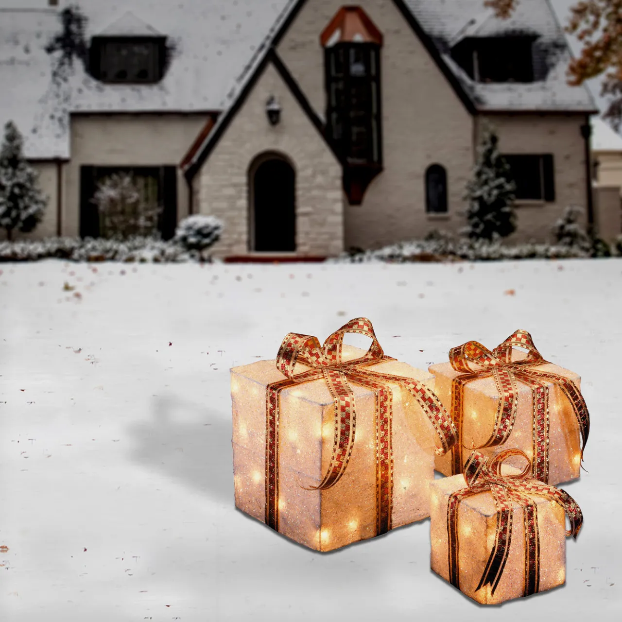 Clearance National Tree Company Pre-Lit White and Gold Gift Boxes, Set of Three, White Lights